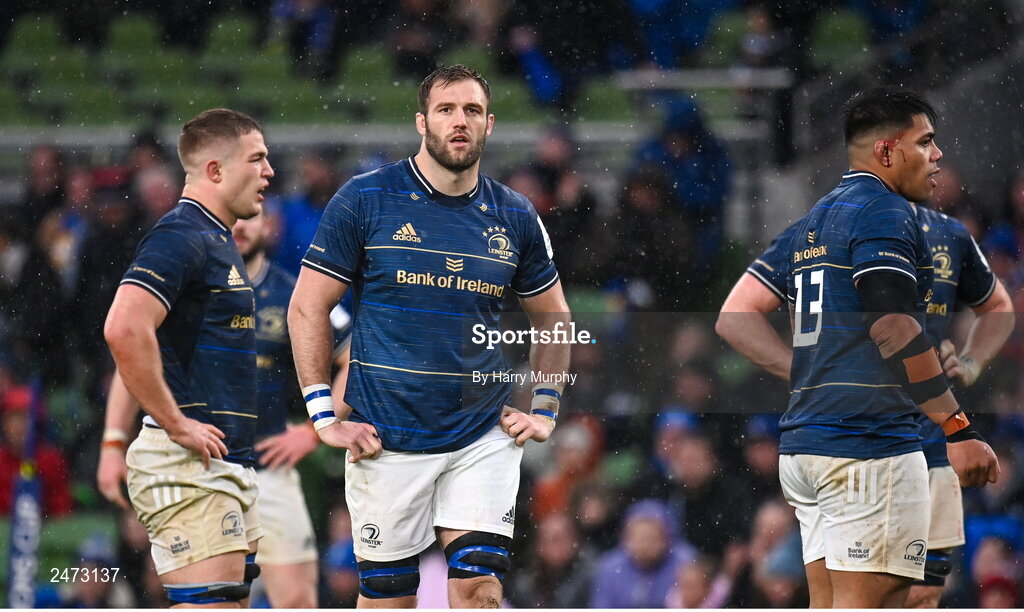 1 April 2023; Jason Jenkins of Leinster, centre, during the Heineken Champions Cup Round of 16 match between Leinster and Ulster at the Aviva Stadium in Dublin. Photo by Harry Murphy/Sportsfile