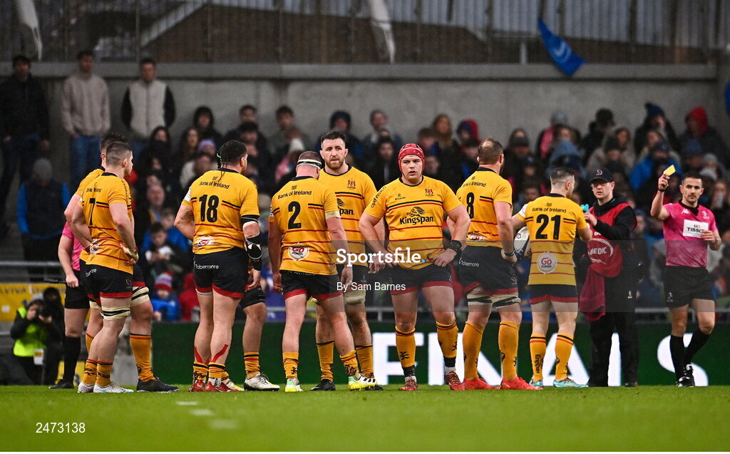 1 April 2023; Ulster players react during the Heineken Champions Cup Round of 16 match between Leinster and Ulster at Aviva Stadium in Dublin. Photo by Sam Barnes/Sportsfile