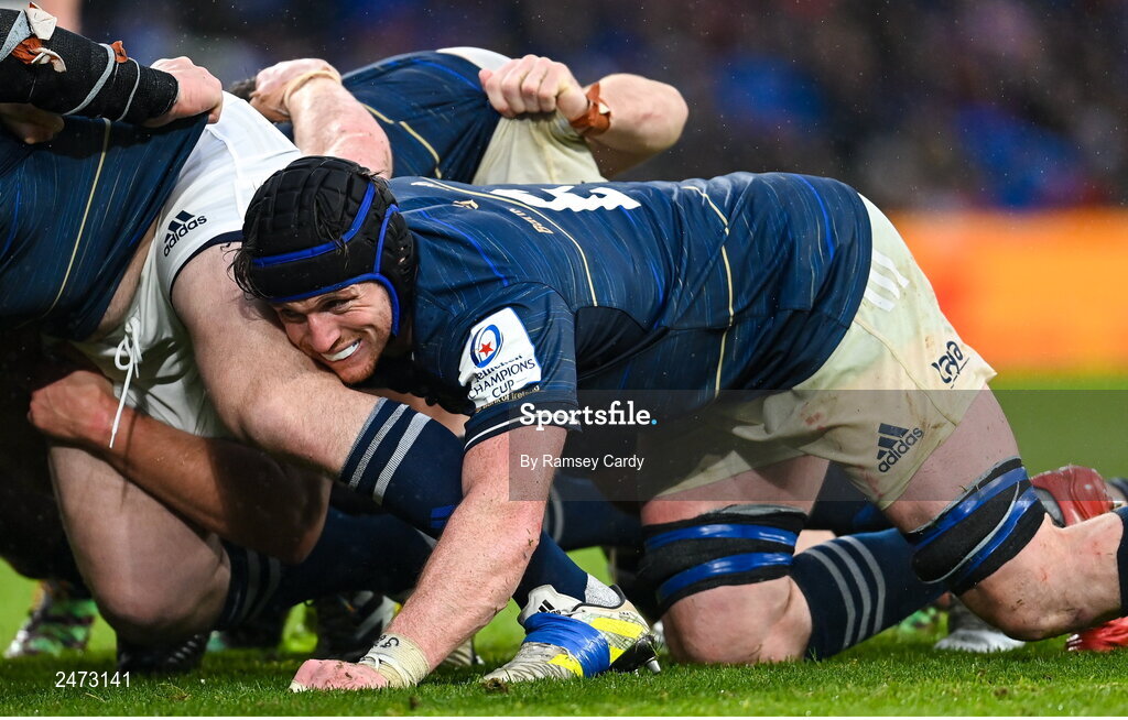 1 April 2023; Ryan Baird of Leinster during the Heineken Champions Cup Round of 16 match between Leinster and Ulster at Aviva Stadium in Dublin. Photo by Ramsey Cardy/Sportsfile