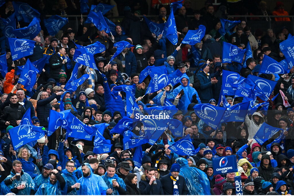 1 April 2023; Leinster supporters during the Heineken Champions Cup Round of 16 match between Leinster and Ulster at Aviva Stadium in Dublin. Photo by Ramsey Cardy/Sportsfile