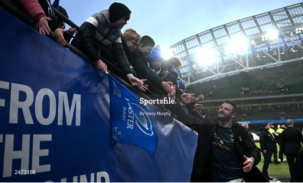 1 April 2023; Robbie Henshaw of Leinster with supporters after the Heineken Champions Cup Round of 16 match between Leinster and Ulster at the Aviva Stadium in Dublin. Photo by Harry Murphy/Sportsfile