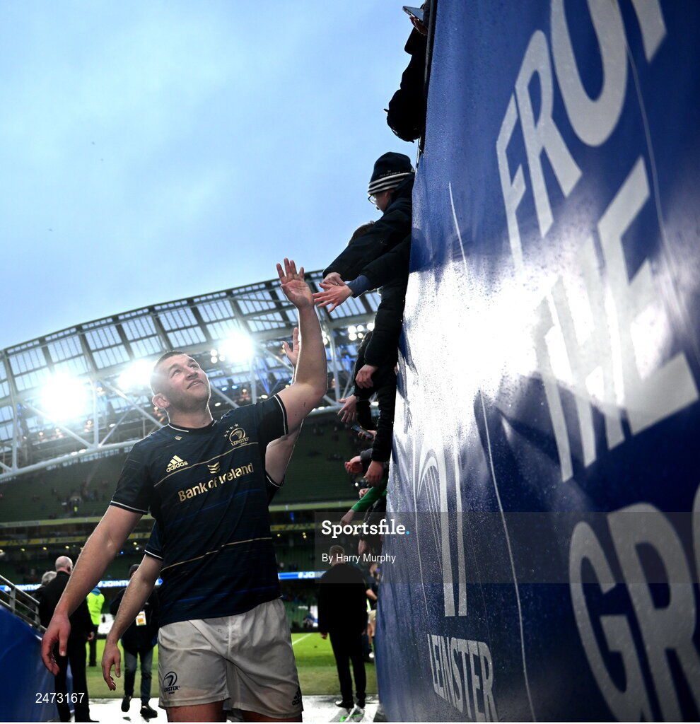 1 April 2023; Ross Molony of Leinster with supporters after the Heineken Champions Cup Round of 16 match between Leinster and Ulster at the Aviva Stadium in Dublin. Photo by Harry Murphy/Sportsfile