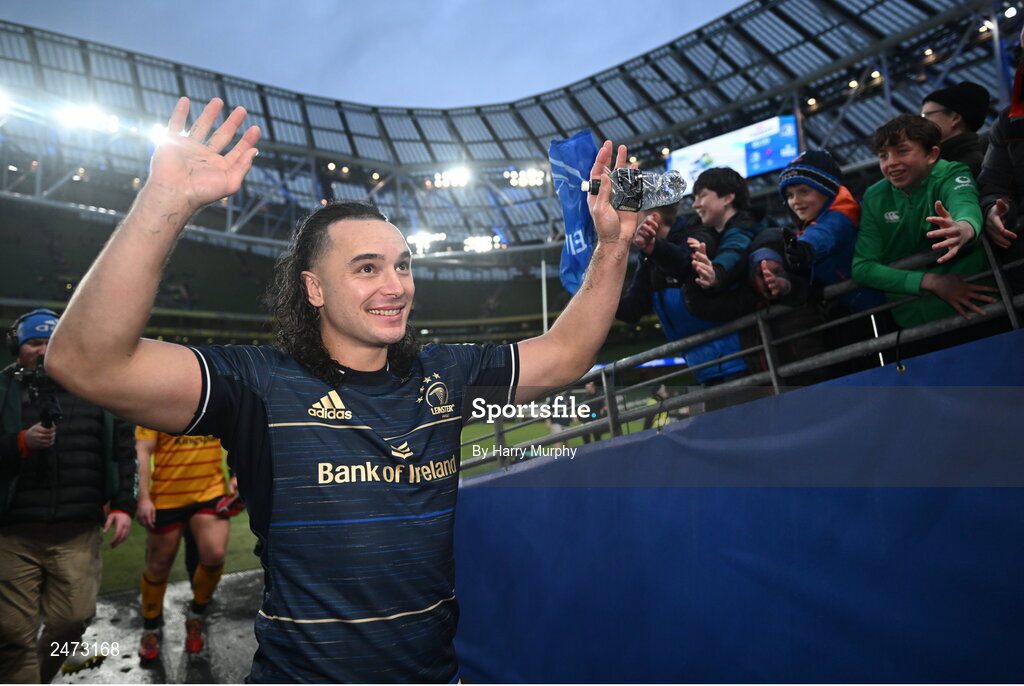 1 April 2023; James Lowe of Leinster after his side's victory in the Heineken Champions Cup Round of 16 match between Leinster and Ulster at the Aviva Stadium in Dublin. Photo by Harry Murphy/Sportsfile