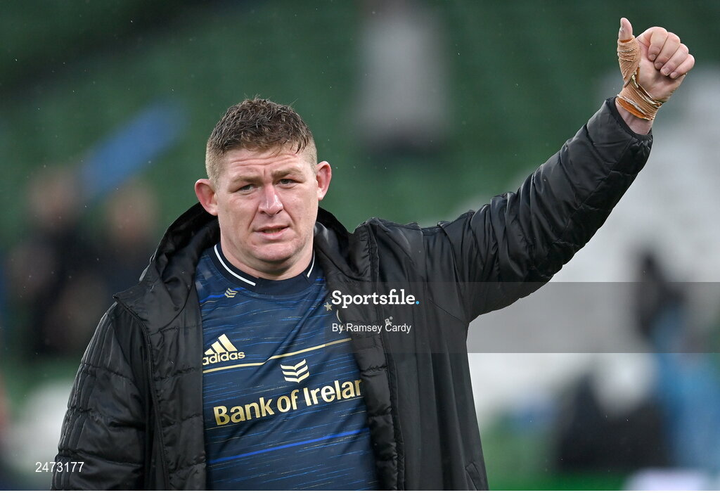 1 April 2023; Tadhg Furlong of Leinster after his side's victory in the Heineken Champions Cup Round of 16 match between Leinster and Ulster at Aviva Stadium in Dublin. Photo by Ramsey Cardy/Sportsfile