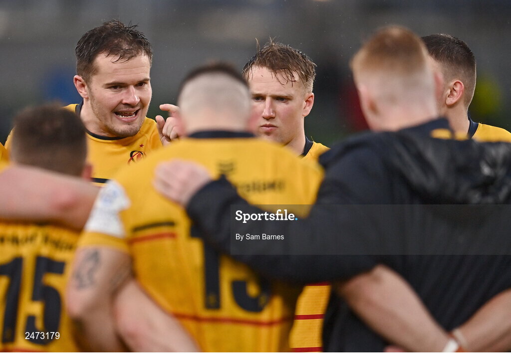 1 April 2023; Jacob Stockdale of Ulster speaking to teammates after the Heineken Champions Cup Round of 16 match between Leinster and Ulster at Aviva Stadium in Dublin. Photo by Sam Barnes/Sportsfile