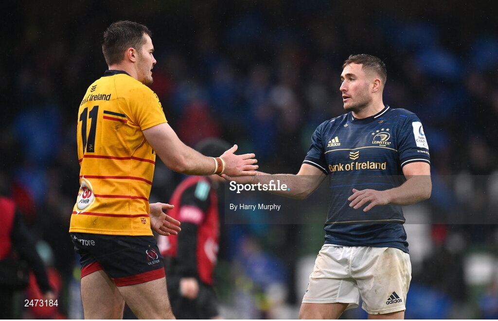 1 April 2023; Jordan Larmour of Leinster, right and Jacob Stockdale of Ulster after the Heineken Champions Cup Round of 16 match between Leinster and Ulster at the Aviva Stadium in Dublin. Photo by Harry Murphy/Sportsfile