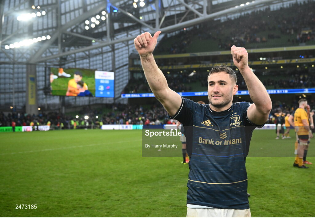 1 April 2023; Jordan Larmour of Leinster after his side's victory in the Heineken Champions Cup Round of 16 match between Leinster and Ulster at the Aviva Stadium in Dublin. Photo by Harry Murphy/Sportsfile