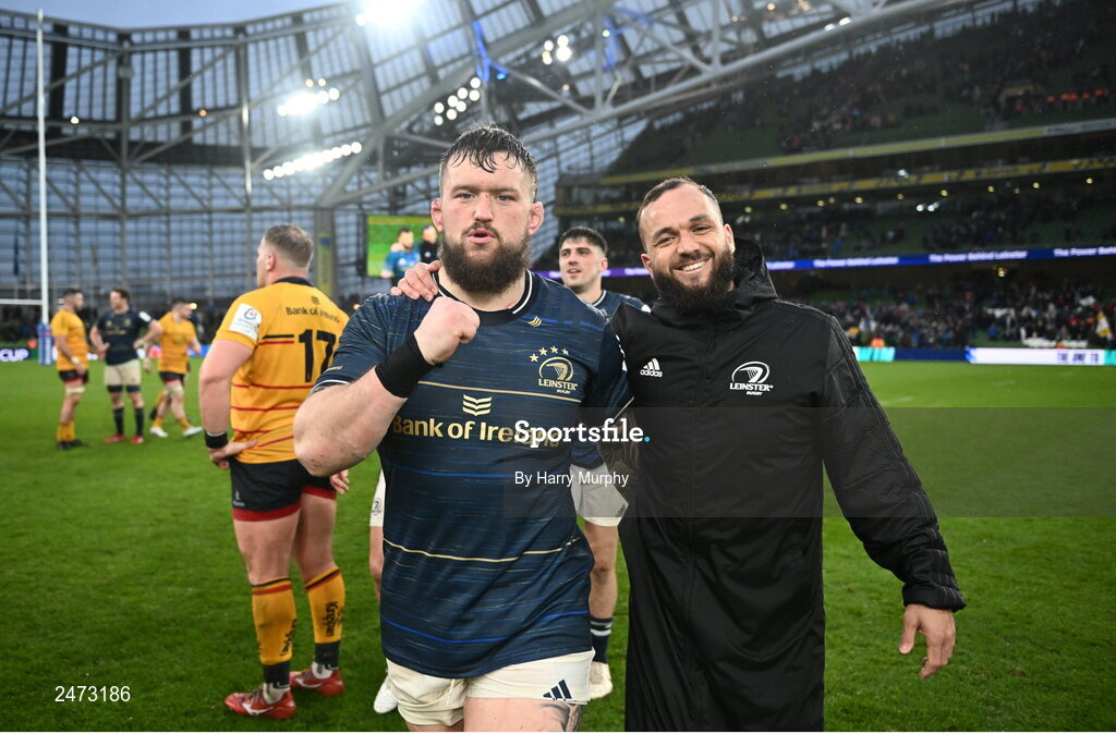 1 April 2023; Andrew Porter, left, and Jamison Gibson-Park of Leinster after the Heineken Champions Cup Round of 16 match between Leinster and Ulster at the Aviva Stadium in Dublin. Photo by Harry Murphy/Sportsfile