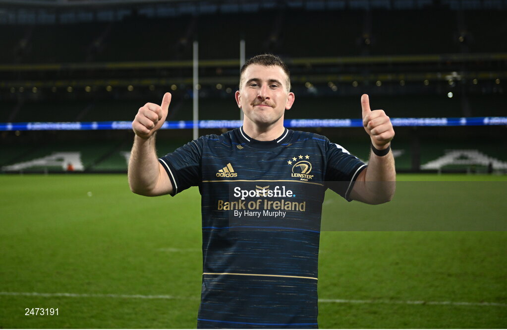 1 April 2023; John McKee of Leinster after making his Champions Cup debut in the Heineken Champions Cup Round of 16 match between Leinster and Ulster at the Aviva Stadium in Dublin. Photo by Harry Murphy/Sportsfile