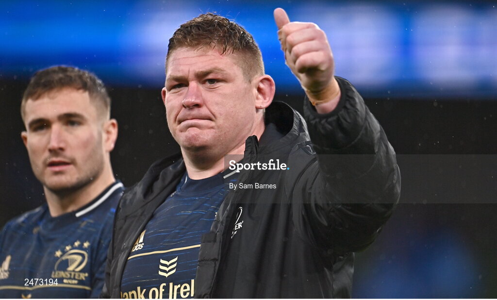 1 April 2023; Tadhg Furlong, right, and teammate Jordan Larmour after the Heineken Champions Cup Round of 16 match between Leinster and Ulster at Aviva Stadium in Dublin. Photo by Sam Barnes/Sportsfile