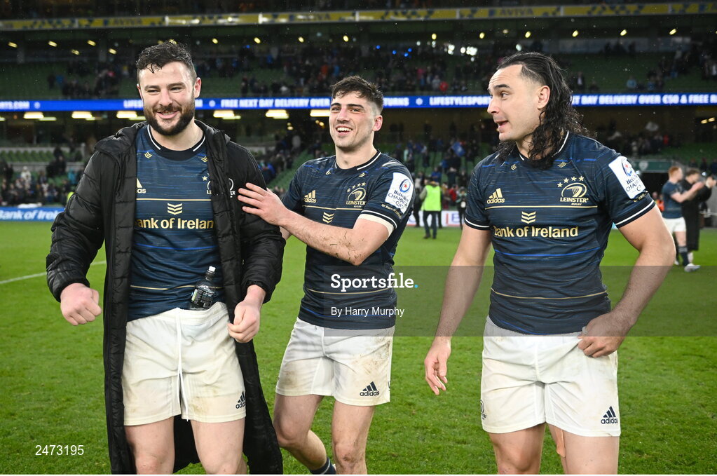 1 April 2023; Leinster players, from left, Robbie Henshaw, Jimmy O'Brien and James Lowe after their side's victory in the Heineken Champions Cup Round of 16 match between Leinster and Ulster at the Aviva Stadium in Dublin. Photo by Harry Murphy/Sportsfile