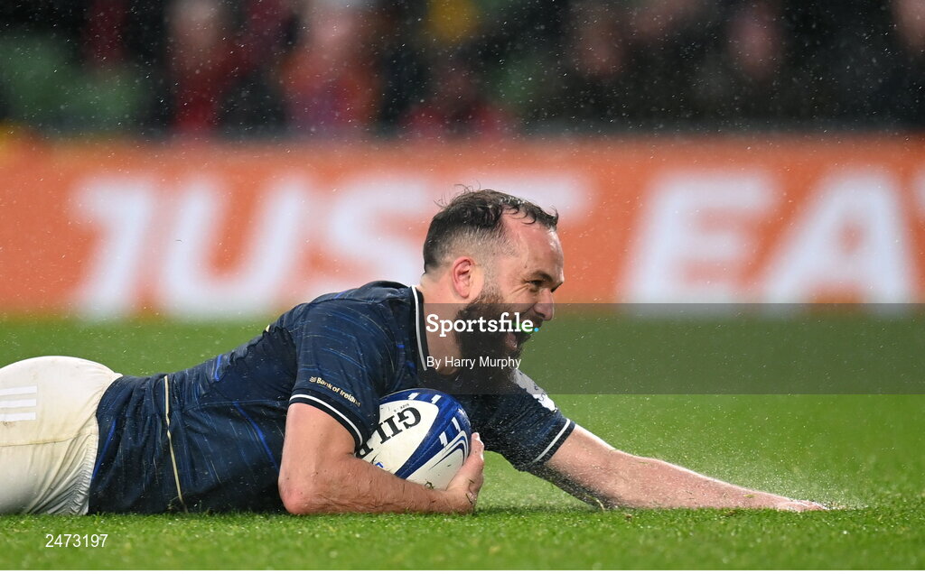 1 April 2023; Jamison Gibson-Park of Leinster celebrates after scoring his side's second try during the Heineken Champions Cup Round of 16 match between Leinster and Ulster at the Aviva Stadium in Dublin. Photo by Harry Murphy/Sportsfile