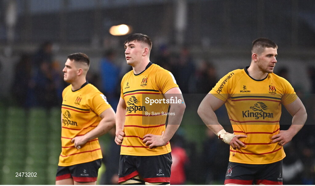 1 April 2023; Ulster players after the Heineken Champions Cup Round of 16 match between Leinster and Ulster at Aviva Stadium in Dublin. Photo by Sam Barnes/Sportsfile