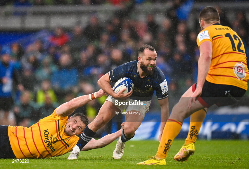 1 April 2023; Jamison Gibson-Park of Leinster evades the tackle of Jacob Stockdale of Ulster on his way to scoring his side's second try during the Heineken Champions Cup Round of 16 match between Leinster and Ulster at the Aviva Stadium in Dublin. Photo by Harry Murphy/Sportsfile