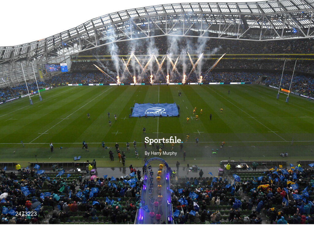 1 April 2023; Leinster and Ulster players run out before the Heineken Champions Cup Round of 16 match between Leinster and Ulster at Aviva Stadium in Dublin. Photo by Harry Murphy/Sportsfile