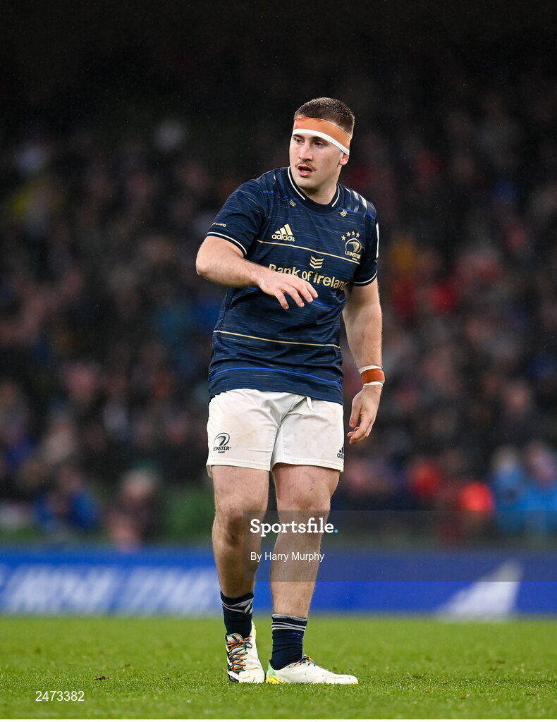 1 April 2023; John McKee of Leinster during the Heineken Champions Cup Round of 16 match between Leinster and Ulster at Aviva Stadium in Dublin. Photo by Harry Murphy/Sportsfile