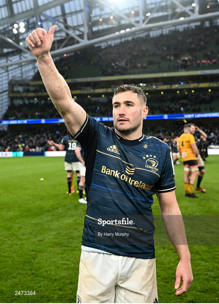 1 April 2023; Jordan Larmour of Leinster after his side's victory in the Heineken Champions Cup Round of 16 match between Leinster and Ulster at Aviva Stadium in Dublin. Photo by Harry Murphy/Sportsfile
