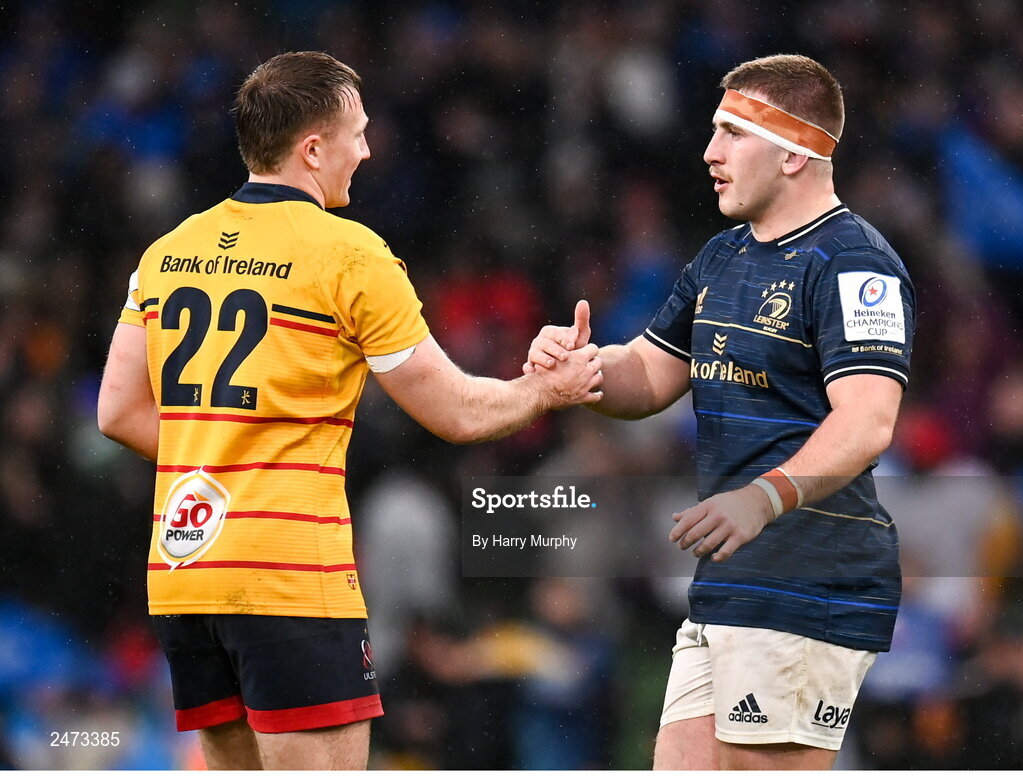 1 April 2023; John McKee of Leinster and Stewart Moore of Ulster after the Heineken Champions Cup Round of 16 match between Leinster and Ulster at Aviva Stadium in Dublin. Photo by Harry Murphy/Sportsfile