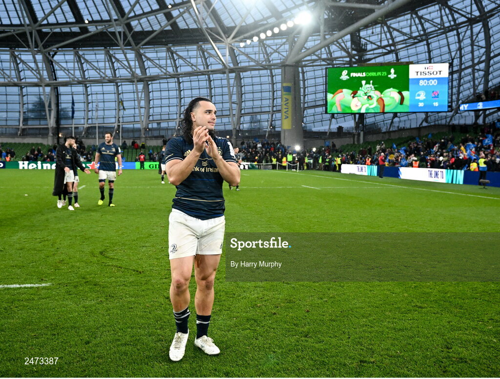 1 April 2023; James Lowe of Leinster after his side's victory in  the Heineken Champions Cup Round of 16 match between Leinster and Ulster at Aviva Stadium in Dublin. Photo by Harry Murphy/Sportsfile