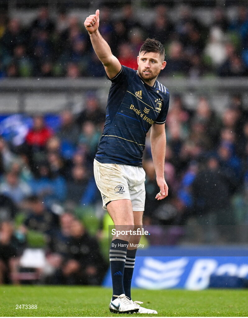 1 April 2023; Ross Byrne of Leinster during the Heineken Champions Cup Round of 16 match between Leinster and Ulster at Aviva Stadium in Dublin. Photo by Harry Murphy/Sportsfile