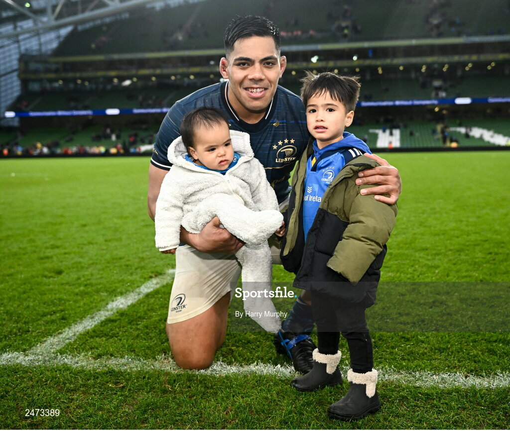 1 April 2023; Michael Ala'alatoa of Leinster with his sons Parker and Miles during the Heineken Champions Cup Round of 16 match between Leinster and Ulster at Aviva Stadium in Dublin. Photo by Harry Murphy/Sportsfile