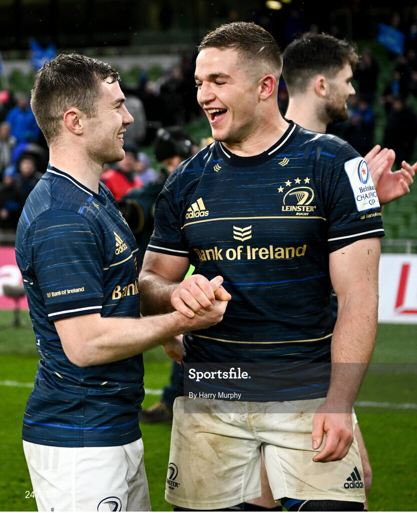 1 April 2023; Luke McGrath and Scott Penny of Leinster after their side's victory in the Heineken Champions Cup Round of 16 match between Leinster and Ulster at Aviva Stadium in Dublin. Photo by Harry Murphy/Sportsfile