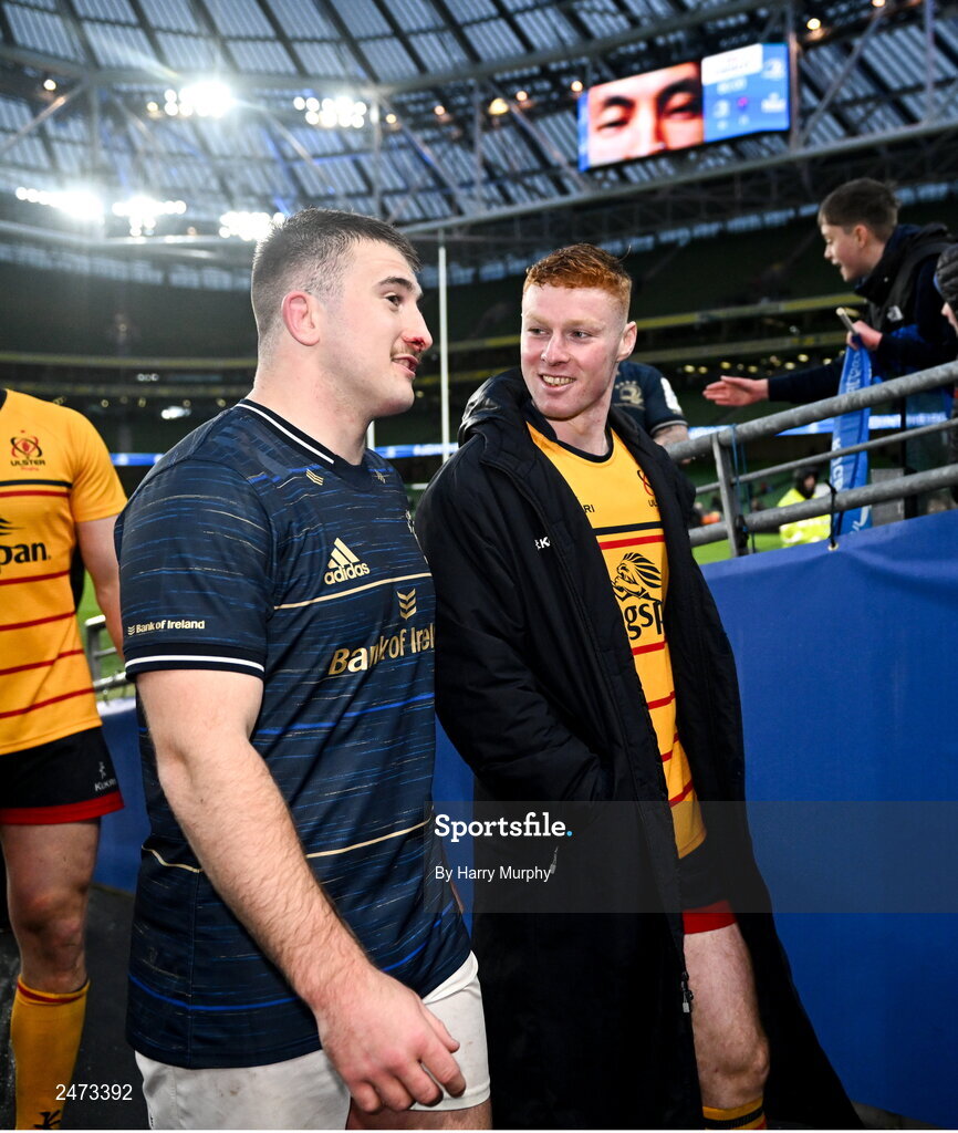 1 April 2023; John McKee of Leinster and Nathan Doak of Ulster after the Heineken Champions Cup Round of 16 match between Leinster and Ulster at Aviva Stadium in Dublin. Photo by Harry Murphy/Sportsfile