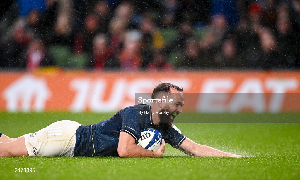 1 April 2023; Jamison Gibson-Park of Leinster dives over to score his side's second try during the Heineken Champions Cup Round of 16 match between Leinster and Ulster at Aviva Stadium in Dublin. Photo by Harry Murphy/Sportsfile