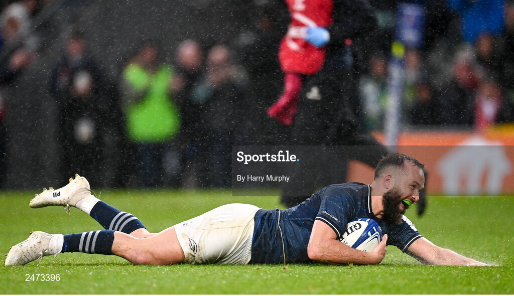 1 April 2023; Jamison Gibson-Park of Leinster dives over to score his side's second try during the Heineken Champions Cup Round of 16 match between Leinster and Ulster at Aviva Stadium in Dublin. Photo by Harry Murphy/Sportsfile