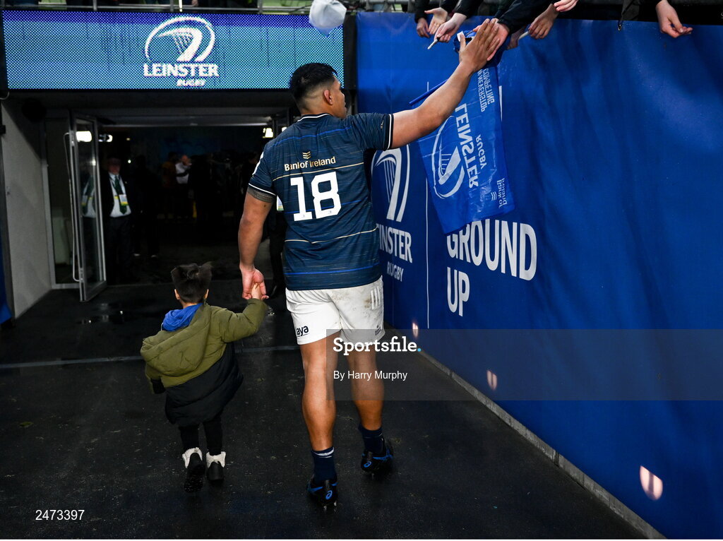 1 April 2023; Michael Ala'alatoa of Leinster and his son Parker return to the dressingroom after his side's victory in the Heineken Champions Cup Round of 16 match between Leinster and Ulster at Aviva Stadium in Dublin. Photo by Harry Murphy/Sportsfile