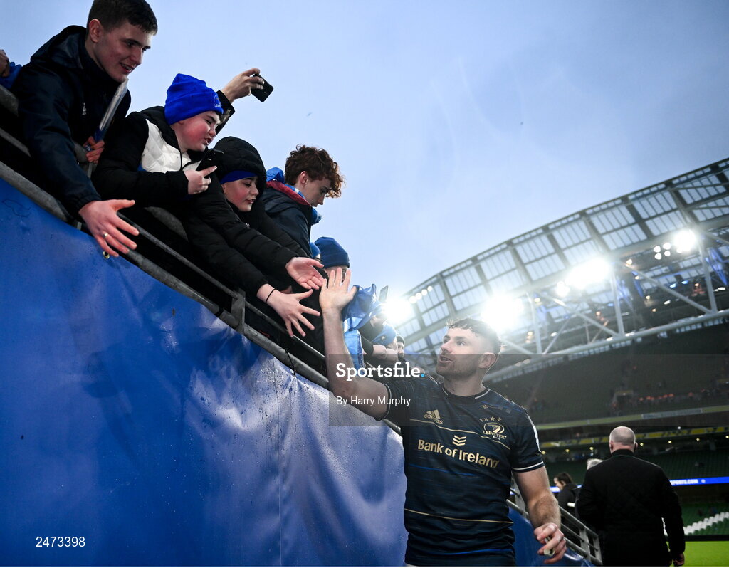 1 April 2023; Hugo Keenan of Leinster after his side's victory in the Heineken Champions Cup Round of 16 match between Leinster and Ulster at Aviva Stadium in Dublin. Photo by Harry Murphy/Sportsfile