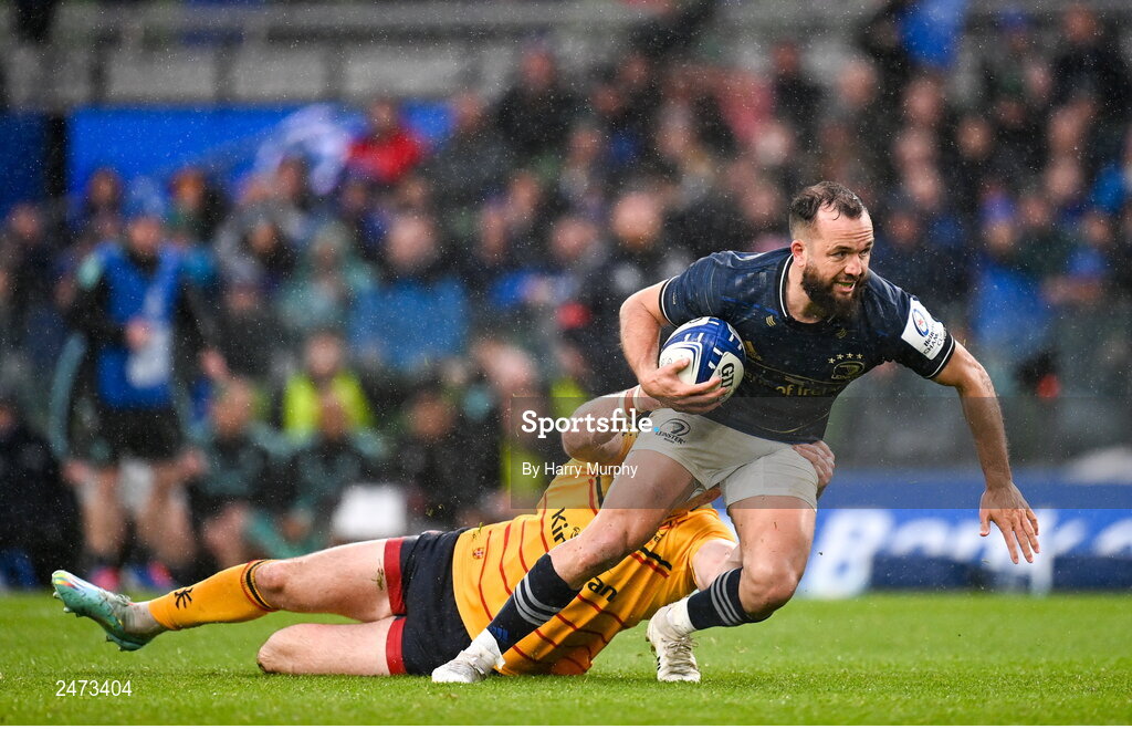 1 April 2023; Jamison Gibson-Park of Leinster is tackled by Jacob Stockdale of Ulster during the Heineken Champions Cup Round of 16 match between Leinster and Ulster at Aviva Stadium in Dublin. Photo by Harry Murphy/Sportsfile
