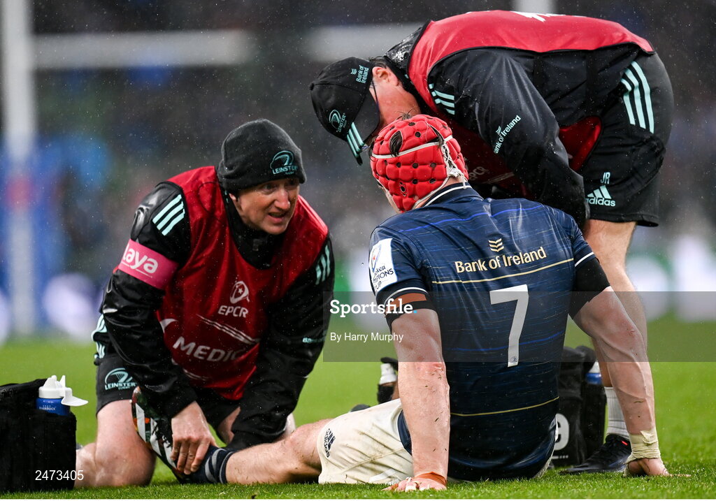 1 April 2023; Josh van der Flier of Leinster receives treatment from Leinster head physiotherapist Garreth Farrell during the Heineken Champions Cup Round of 16 match between Leinster and Ulster at Aviva Stadium in Dublin. Photo by Harry Murphy/Sportsfile