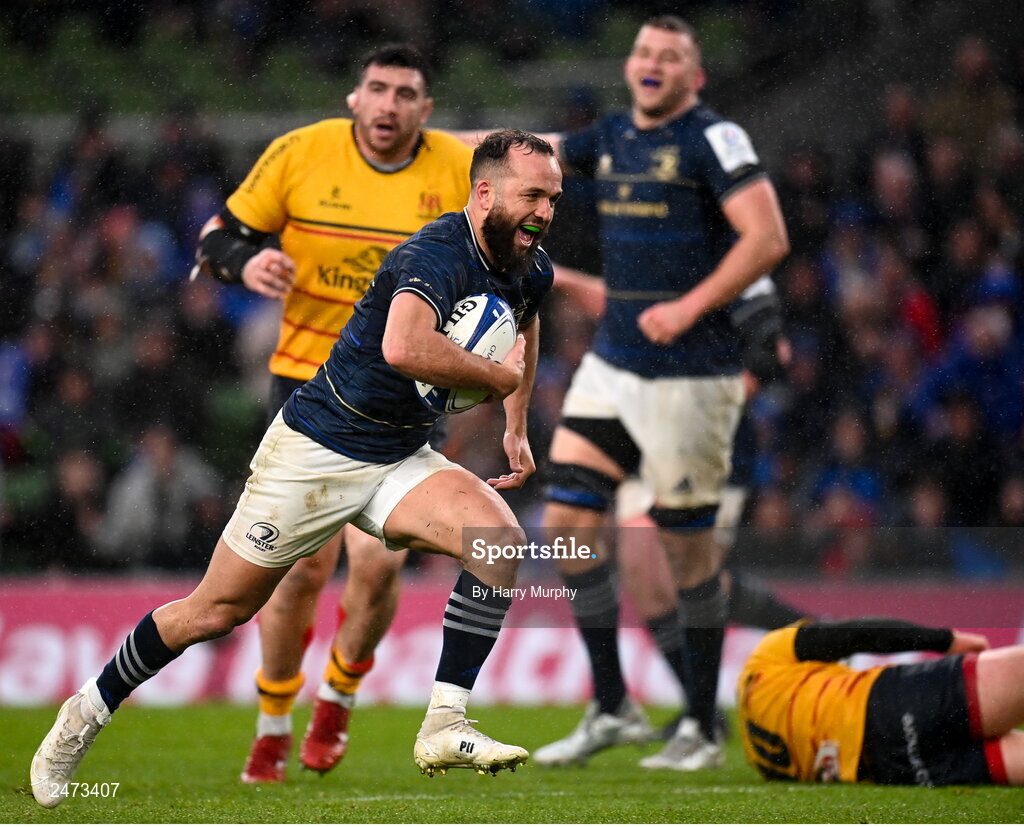 1 April 2023; Jamison Gibson-Park of Leinster on his way to scoring his side's second try during the Heineken Champions Cup Round of 16 match between Leinster and Ulster at Aviva Stadium in Dublin. Photo by Harry Murphy/Sportsfile