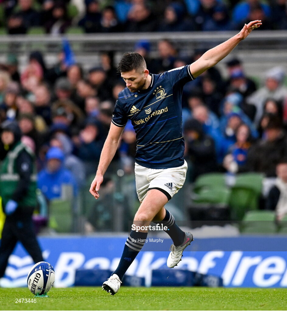 1 April 2023; Ross Byrne of Leinster kicks a conversion during the Heineken Champions Cup Round of 16 match between Leinster and Ulster at Aviva Stadium in Dublin. Photo by Harry Murphy/Sportsfile