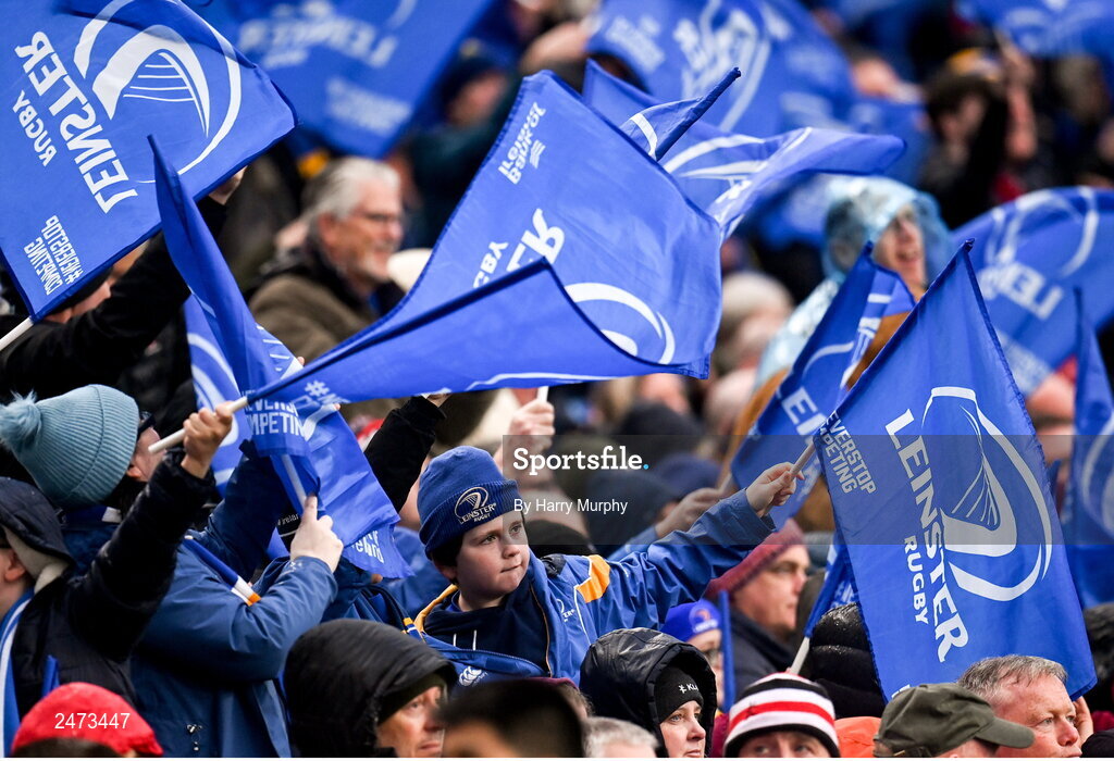 1 April 2023; Leinster supporters during the Heineken Champions Cup Round of 16 match between Leinster and Ulster at Aviva Stadium in Dublin. Photo by Harry Murphy/Sportsfile