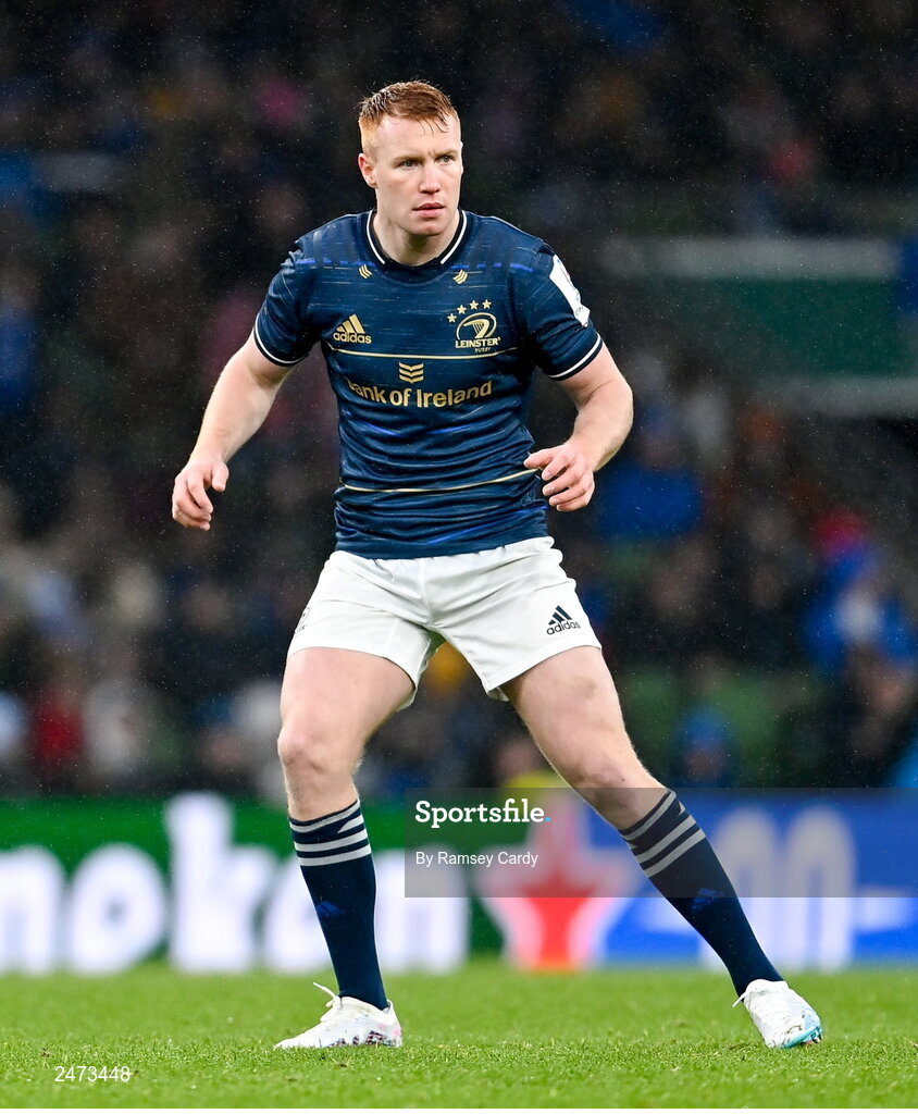 1 April 2023; Ciarán Frawley of Leinster during the Heineken Champions Cup Round of 16 match between Leinster and Ulster at Aviva Stadium in Dublin. Photo by Ramsey Cardy/Sportsfile