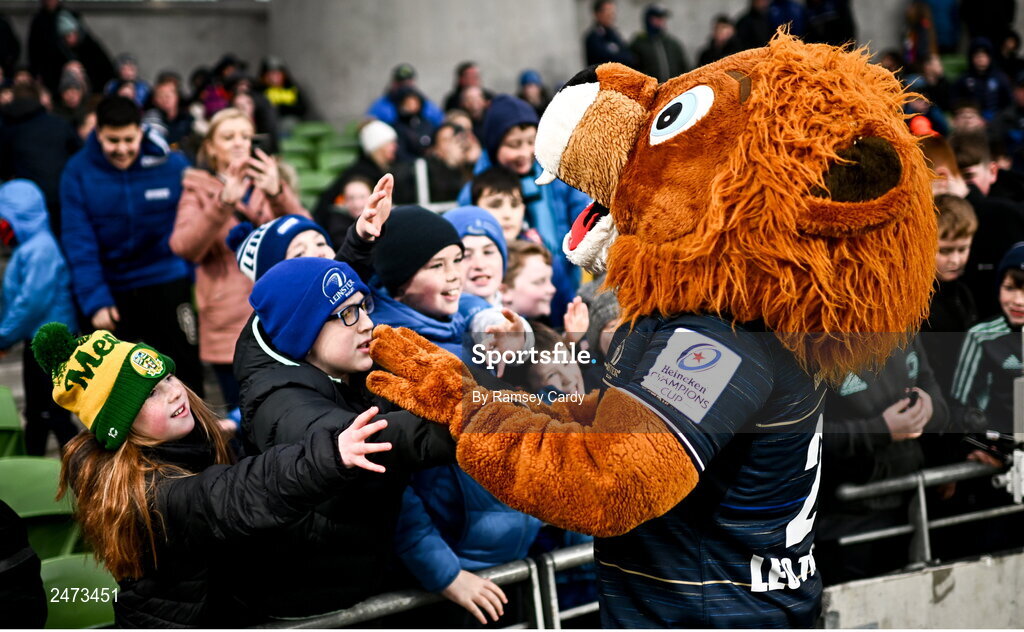 1 April 2023; Leinster mascot Leo the Lion with supporters during the Heineken Champions Cup Round of 16 match between Leinster and Ulster at Aviva Stadium in Dublin. Photo by Ramsey Cardy/Sportsfile