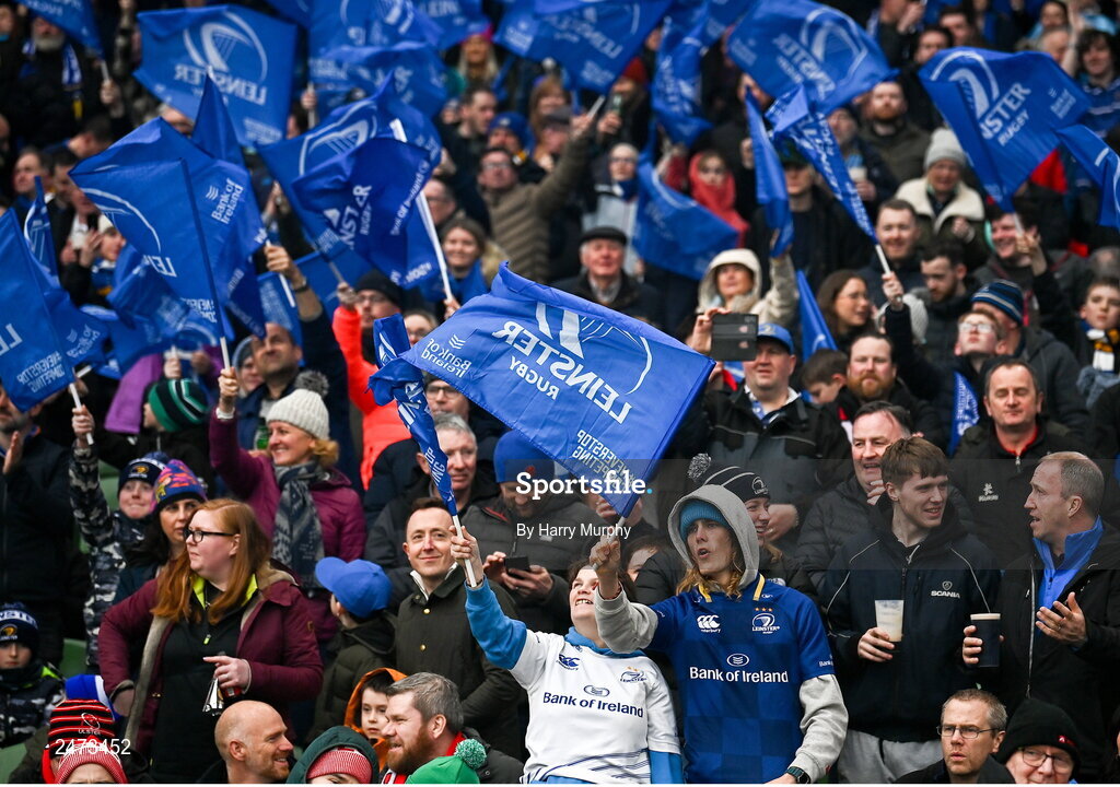 1 April 2023; Leinster supporters during the Heineken Champions Cup Round of 16 match between Leinster and Ulster at Aviva Stadium in Dublin. Photo by Harry Murphy/Sportsfile