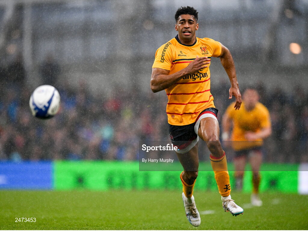 1 April 2023; Robert Baloucoune of Ulster during the Heineken Champions Cup Round of 16 match between Leinster and Ulster at Aviva Stadium in Dublin. Photo by Harry Murphy/Sportsfile