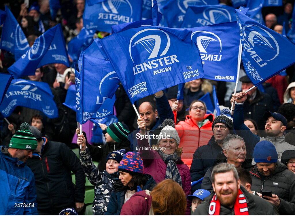 1 April 2023; Leinster supporters during the Heineken Champions Cup Round of 16 match between Leinster and Ulster at Aviva Stadium in Dublin. Photo by Harry Murphy/Sportsfile