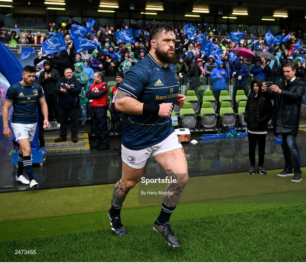 1 April 2023; Andrew Porter of Leinster runs out before the Heineken Champions Cup Round of 16 match between Leinster and Ulster at Aviva Stadium in Dublin. Photo by Harry Murphy/Sportsfile