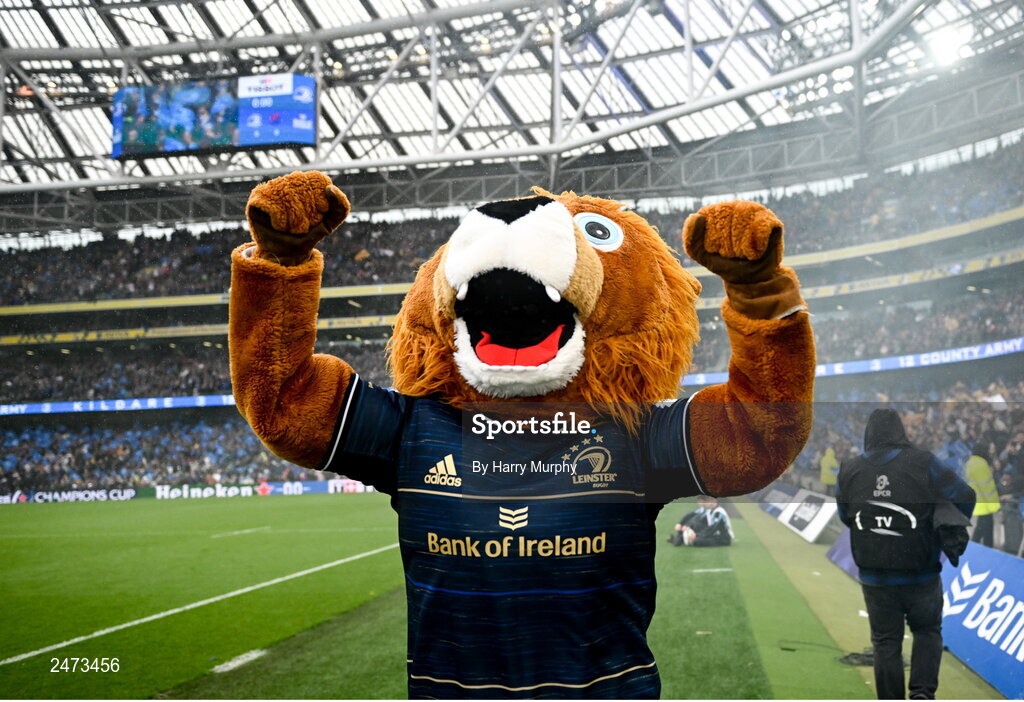 1 April 2023; Leinster mascot Leo the Lion before the Heineken Champions Cup Round of 16 match between Leinster and Ulster at Aviva Stadium in Dublin. Photo by Harry Murphy/Sportsfile