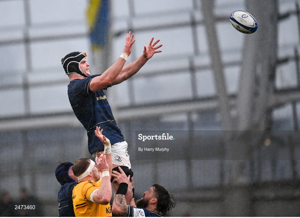 1 April 2023; James Ryan of Leinster takes possession in a lineout during the Heineken Champions Cup Round of 16 match between Leinster and Ulster at Aviva Stadium in Dublin. Photo by Harry Murphy/Sportsfile