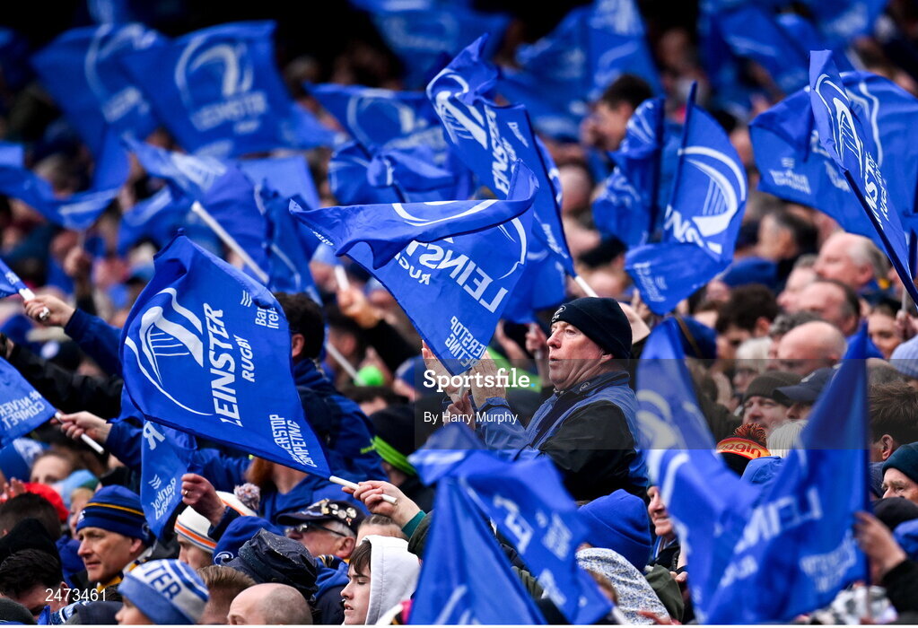 1 April 2023; Leinster supporters during the Heineken Champions Cup Round of 16 match between Leinster and Ulster at Aviva Stadium in Dublin. Photo by Harry Murphy/Sportsfile