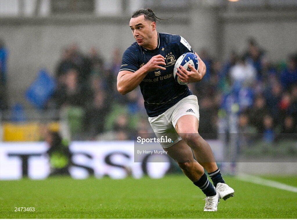 1 April 2023; James Lowe of Leinster during the Heineken Champions Cup Round of 16 match between Leinster and Ulster at Aviva Stadium in Dublin. Photo by Harry Murphy/Sportsfile