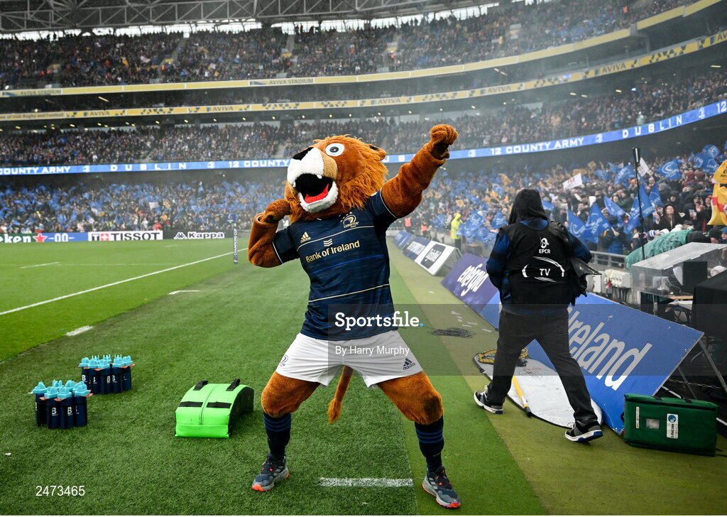 1 April 2023; Leinster mascot Leo the Lion before the Heineken Champions Cup Round of 16 match between Leinster and Ulster at Aviva Stadium in Dublin. Photo by Harry Murphy/Sportsfile
