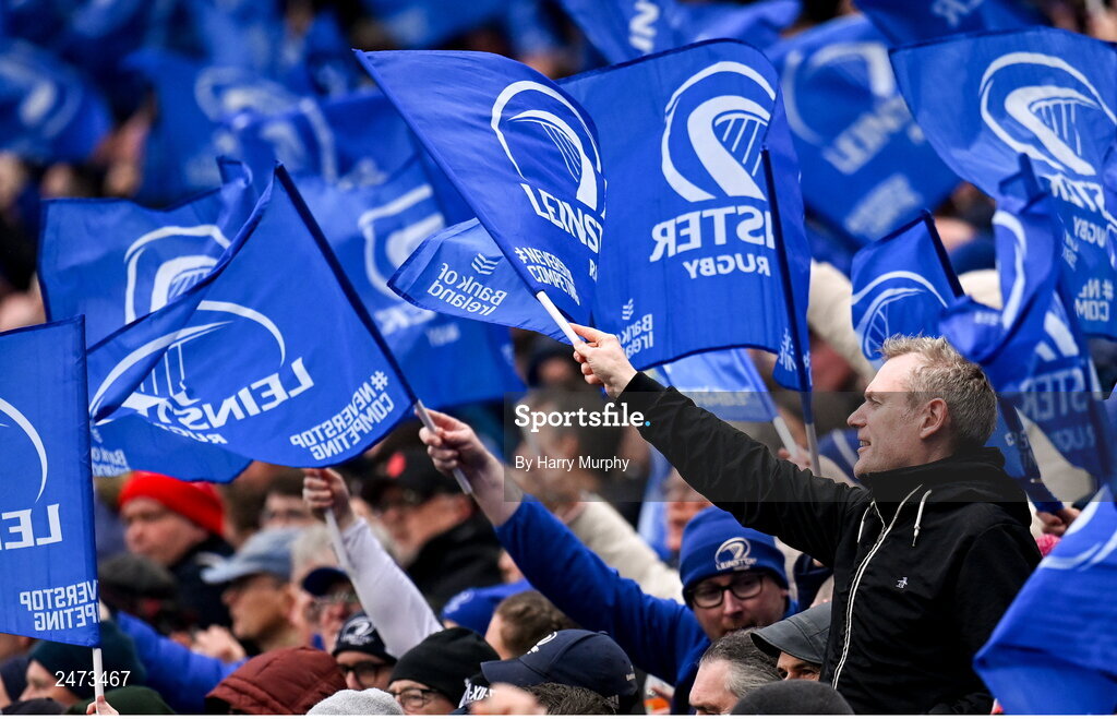 1 April 2023; Leinster supporters during the Heineken Champions Cup Round of 16 match between Leinster and Ulster at Aviva Stadium in Dublin. Photo by Harry Murphy/Sportsfile