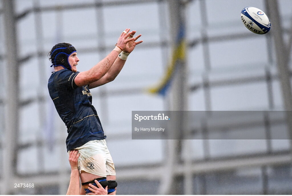 1 April 2023; Ryan Baird of Leinster takes possession in a lineout during the Heineken Champions Cup Round of 16 match between Leinster and Ulster at Aviva Stadium in Dublin. Photo by Harry Murphy/Sportsfile