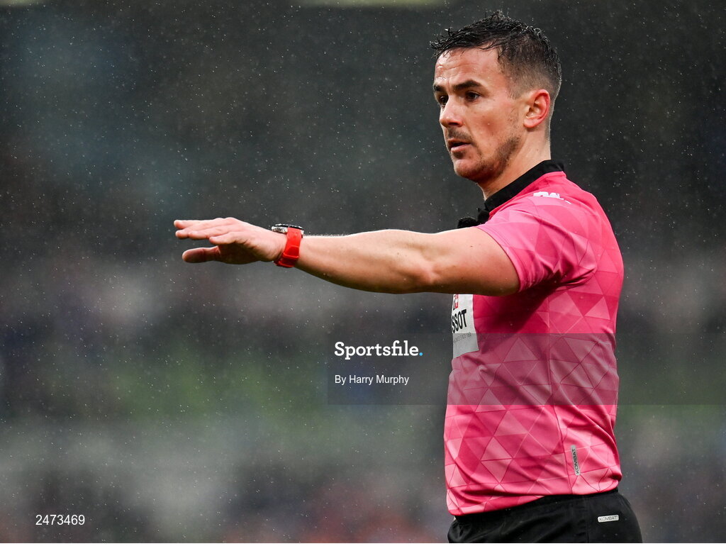 1 April 2023; Referee Luke Pearce during the Heineken Champions Cup Round of 16 match between Leinster and Ulster at Aviva Stadium in Dublin. Photo by Harry Murphy/Sportsfile